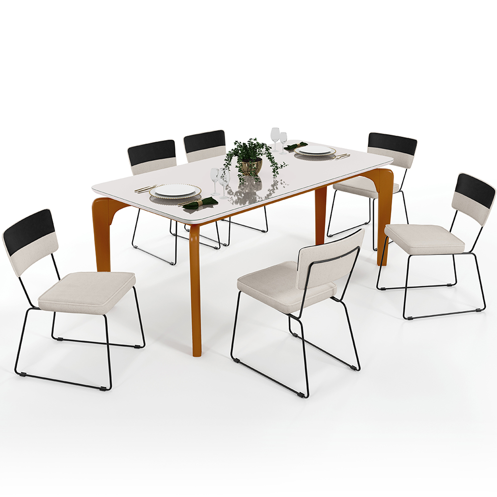 Mesa De Jantar Capri 160cm Off White 6 Cadeiras Allana B05 Faixa Corano Preto Linho Cru - Lyam Decor