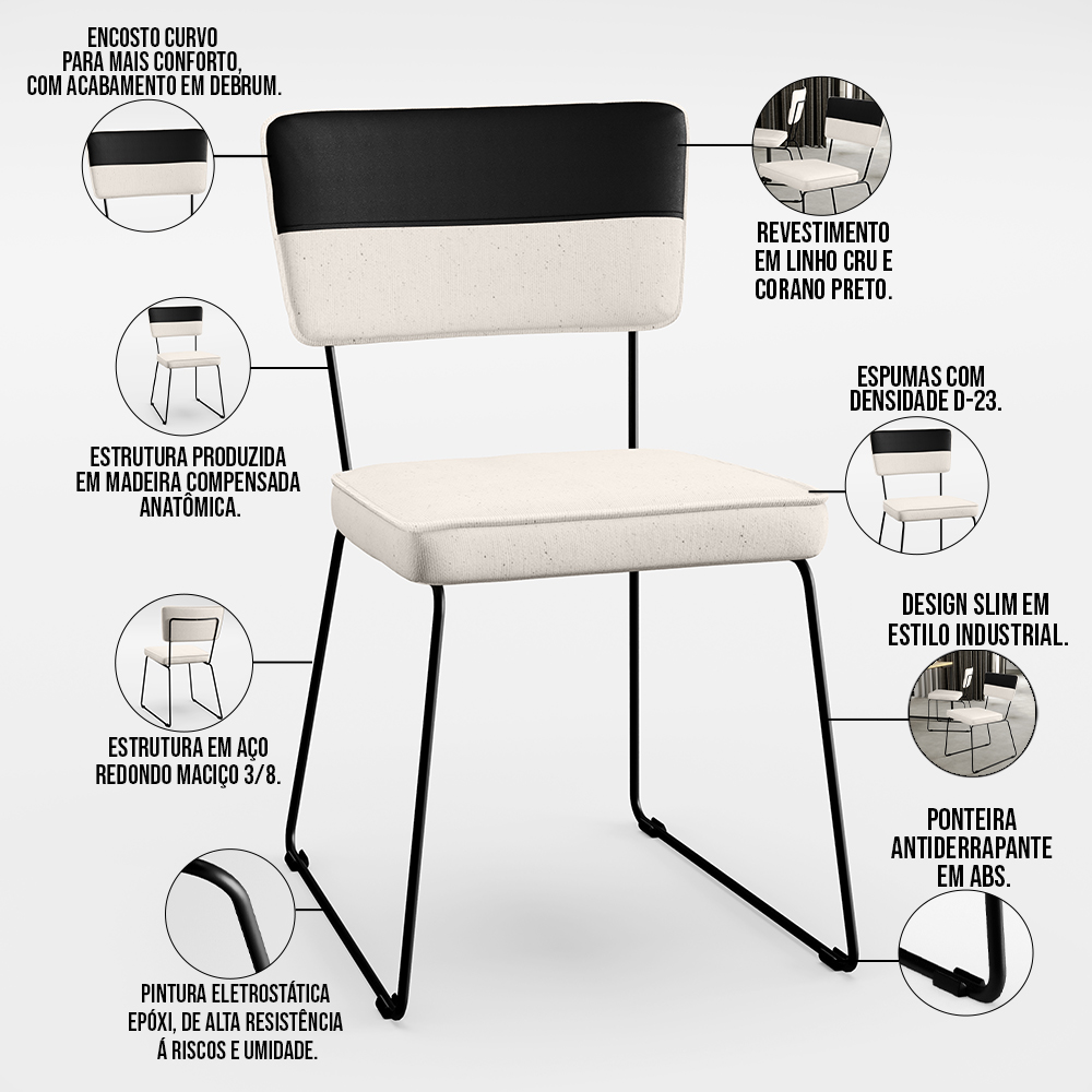 Mesa De Jantar Capri 160cm Off White 6 Cadeiras Allana B05 Faixa Corano Preto Linho Cru - Lyam Decor