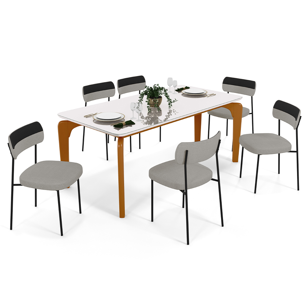 Mesa De Jantar Capri 160cm Off White 6 Cadeiras Melina B05 Linho Cinza Couríssimo Preto - Lyam Decor