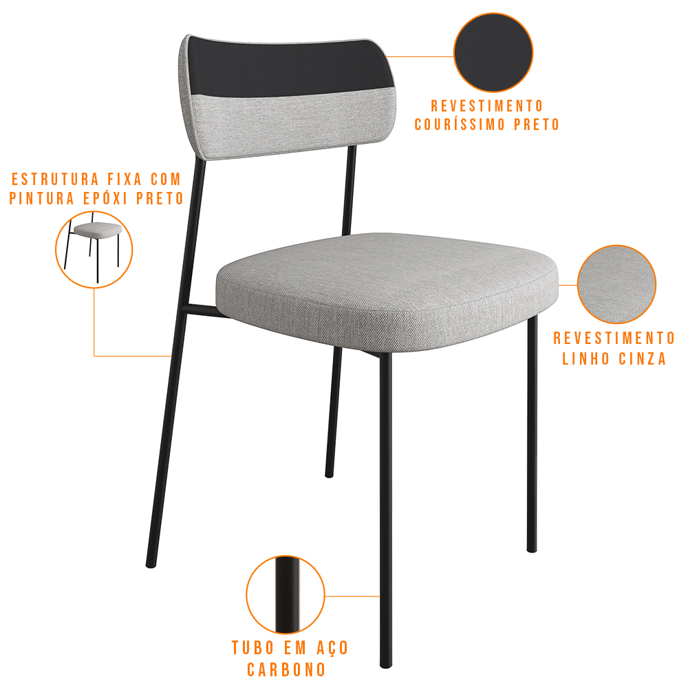 Mesa De Jantar Capri 160cm Off White 6 Cadeiras Melina B05 Linho Cinza Couríssimo Preto - Lyam Decor