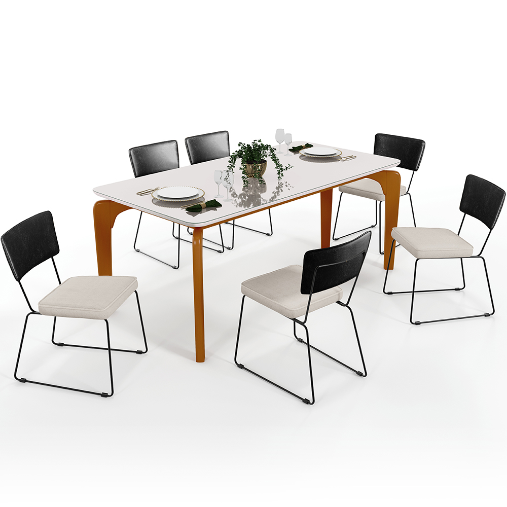 Mesa De Jantar Capri 160cm Off White Com 6 Cadeiras Allana B05 Couríssimo Preto Linho Cru - Lyam Decor