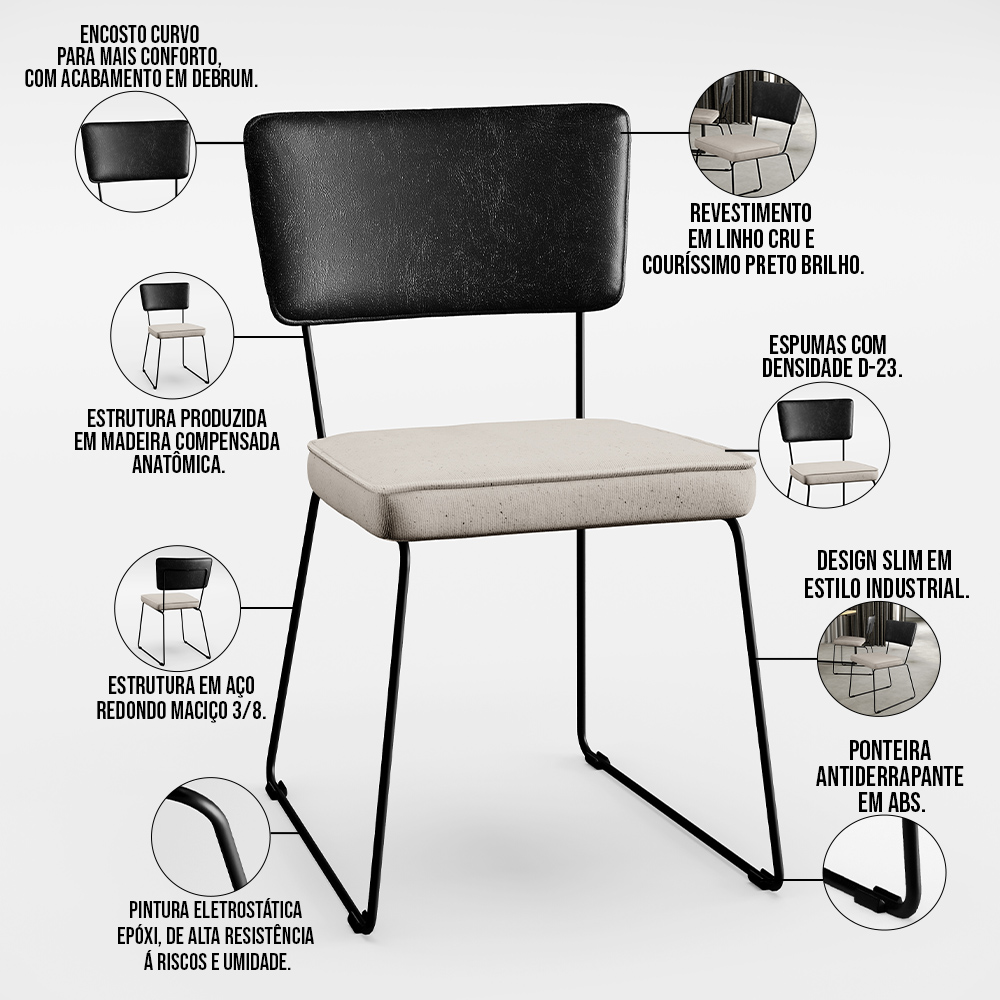 Mesa De Jantar Capri 160cm Off White Com 6 Cadeiras Allana B05 Couríssimo Preto Linho Cru - Lyam Decor