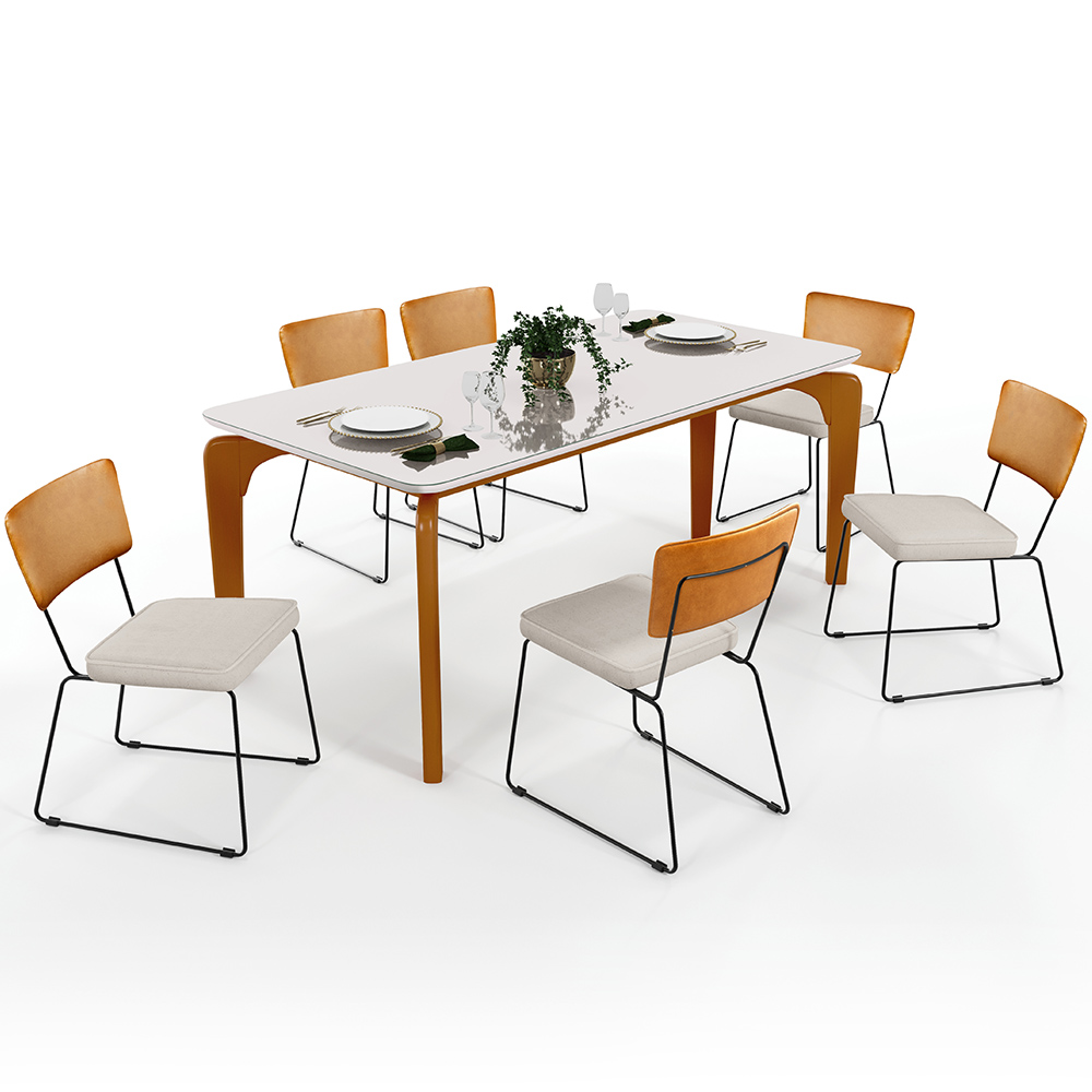 Mesa De Jantar Capri 160cm Off White Com 6 Cadeiras Allana B05 Couríssimo Whisky Linho Cru - Lyam Decor