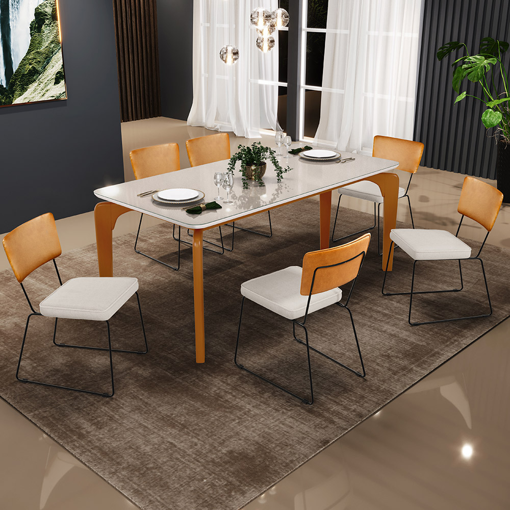 Mesa De Jantar Capri 160cm Off White Com 6 Cadeiras Allana B05 Couríssimo Whisky Linho Cru - Lyam Decor