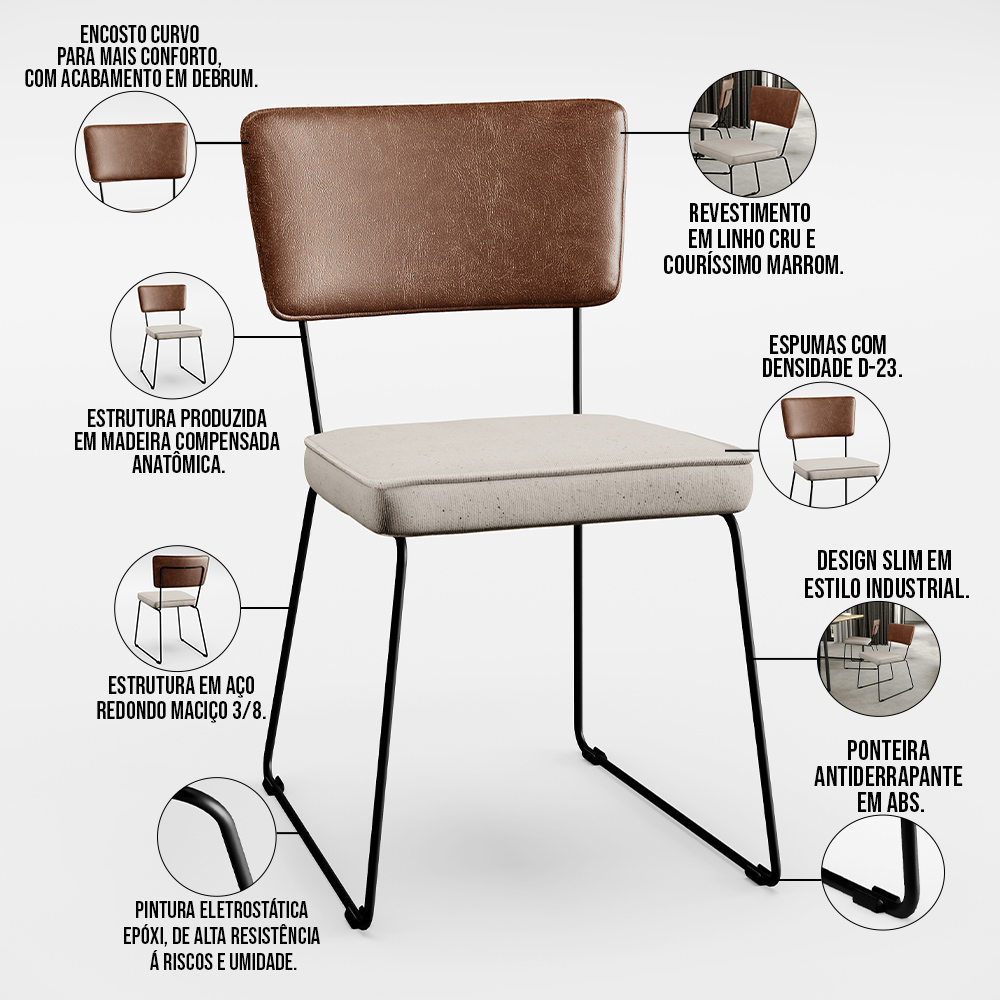 Mesa De Jantar Capri 160cm Off White E 6 Cadeira Allana B05 Couríssimo Marrom Linho Cru - Lyam Decor