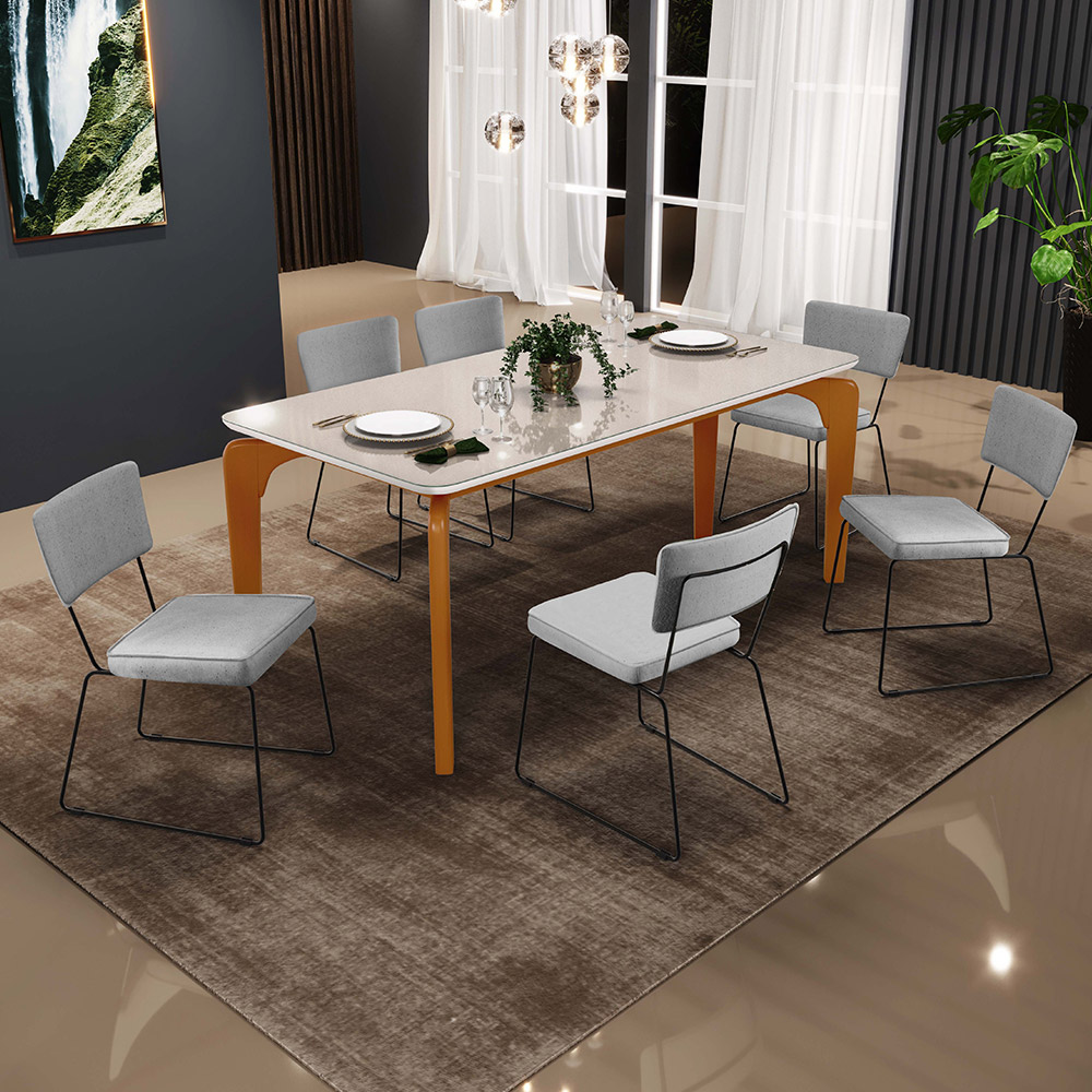 Mesa De Jantar Capri 160cm Off White Nature Com 6 Cadeiras Allana B05 Linho Cinza - Lyam Decor