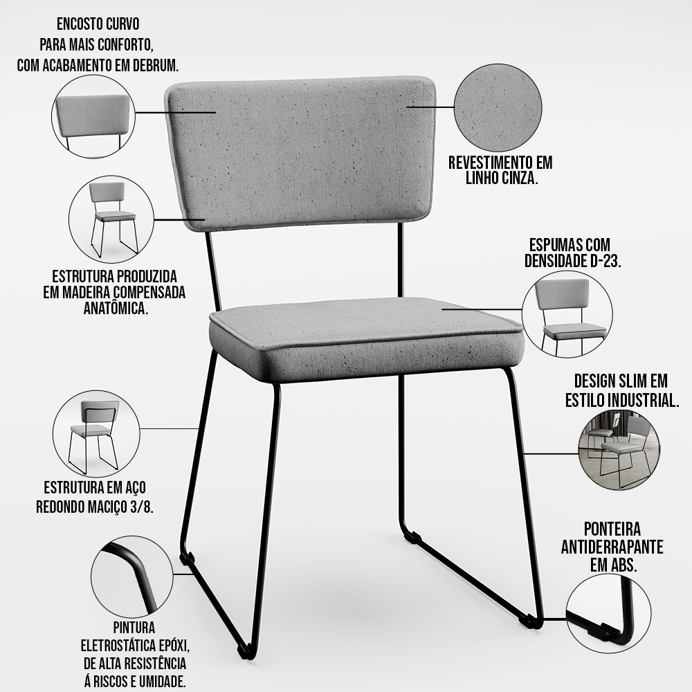 Mesa De Jantar Capri 160cm Off White Nature Com 6 Cadeiras Allana B05 Linho Cinza - Lyam Decor