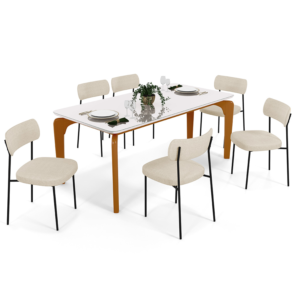 Mesa De Jantar Capri 160cm Off White Nature Com 6 Cadeiras Melina B05 Linho Bege - Lyam Decor