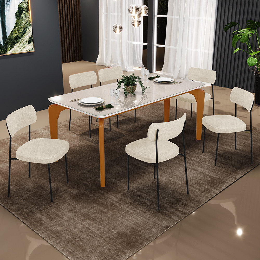 Mesa De Jantar Capri 160cm Off White Nature Com 6 Cadeiras Melina B05 Linho Bege - Lyam Decor