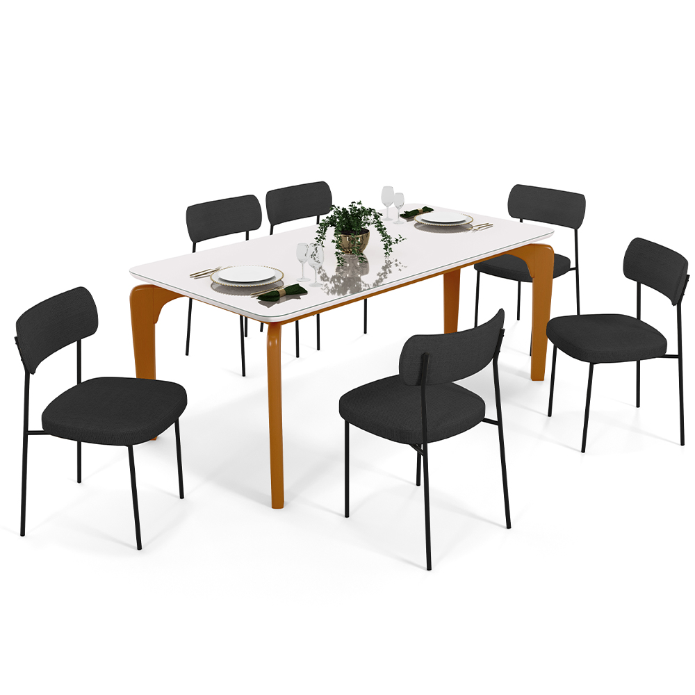 Mesa De Jantar Capri 160cm Off White Nature Com 6 Cadeiras Melina B05 Linho Chumbo - Lyam Decor