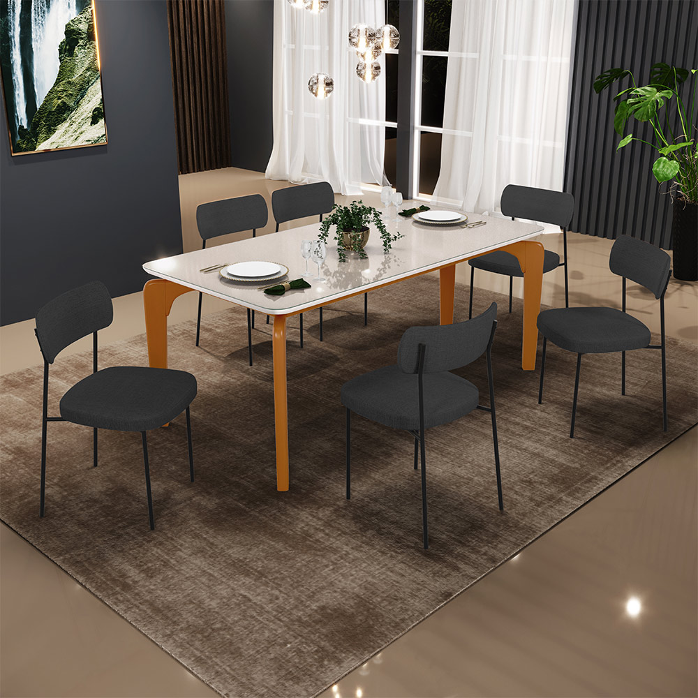 Mesa De Jantar Capri 160cm Off White Nature Com 6 Cadeiras Melina B05 Linho Chumbo - Lyam Decor