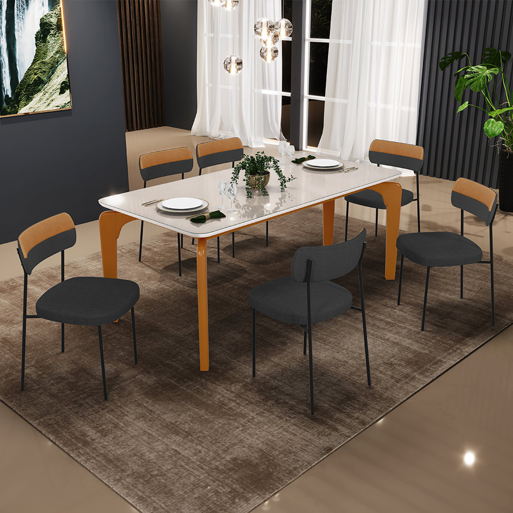 Mesa De Jantar Capri Off White 6 Cadeiras Melina B05 Linho Grafite Couríssimo Caramelo - Lyam Decor