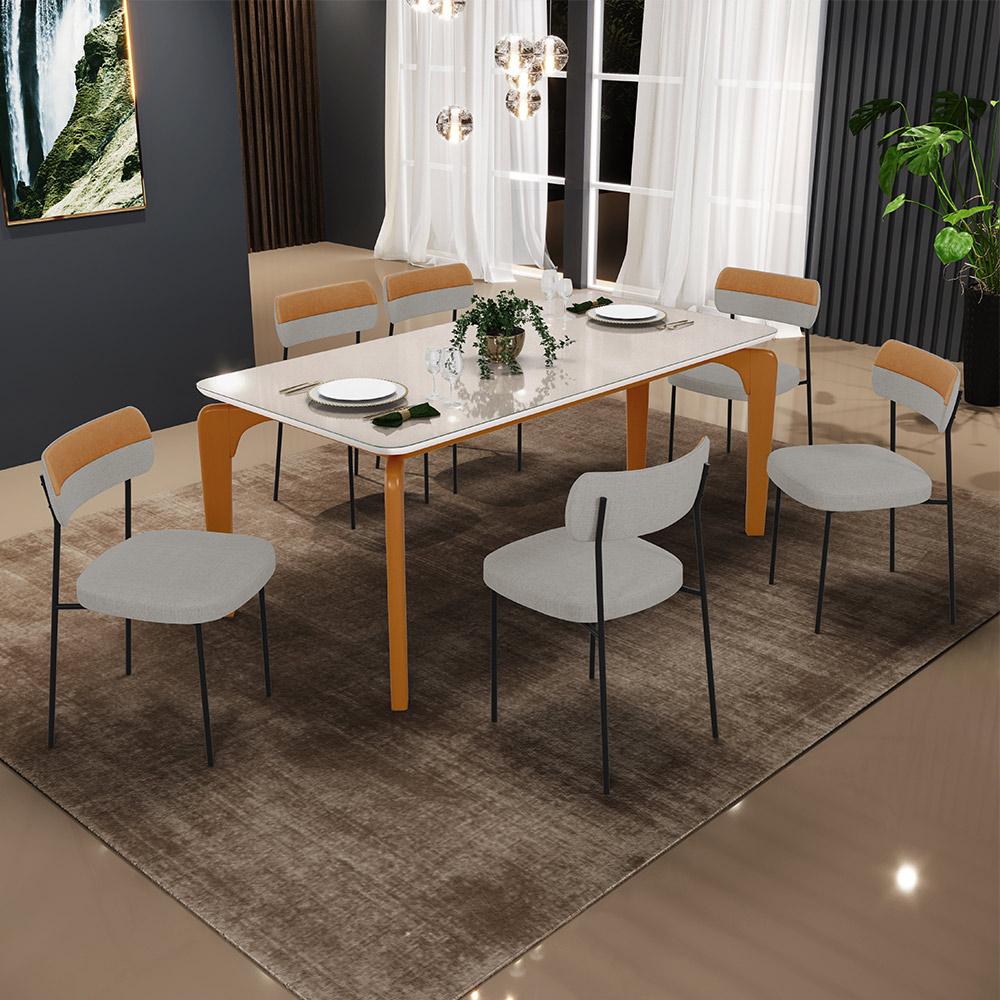 Mesa De Jantar Capri Off White E 6 Cadeiras Melina B05 Linho Cinza Couríssimo Caramelo - Lyam Decor