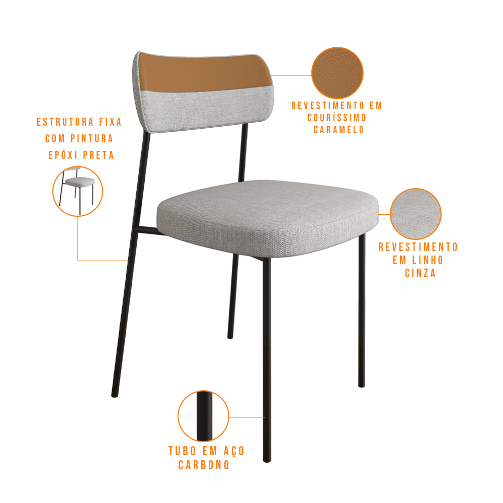 Mesa De Jantar Capri Off White E 6 Cadeiras Melina B05 Linho Cinza Couríssimo Caramelo - Lyam Decor
