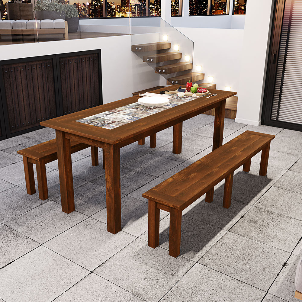Mesa De Jantar Com Cerâmica Rústica 02 Bancos De Madeira Maciça Pinus 160cm W02 Imbuia - Lyam Decor