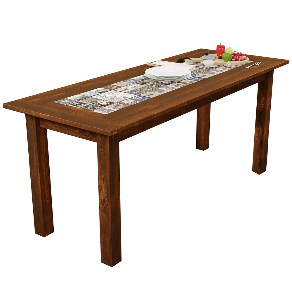 Mesa De Jantar Com Cerâmica Rústica 02 Bancos De Madeira Maciça Pinus 160cm W02 Imbuia - Lyam Decor