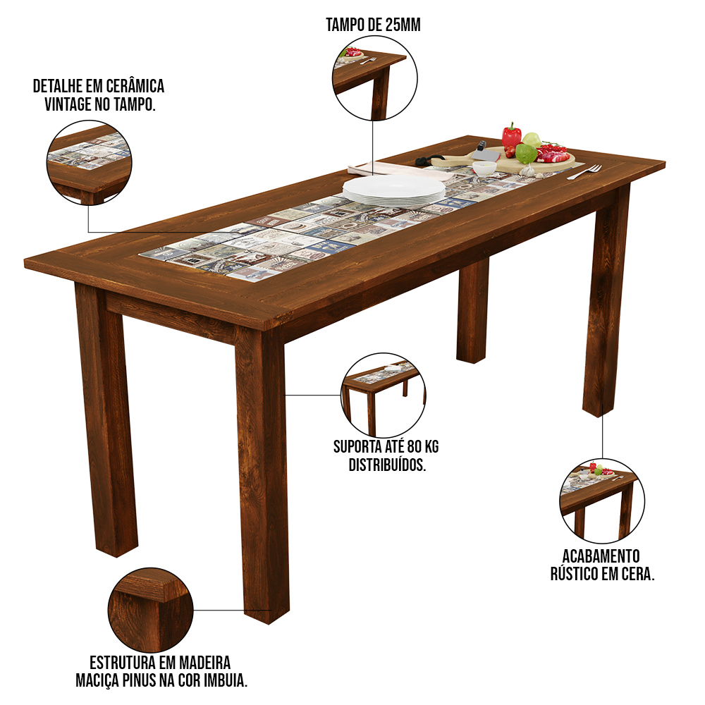 Mesa De Jantar Com Cerâmica Rústica 02 Bancos De Madeira Maciça Pinus 160cm W02 Imbuia - Lyam Decor