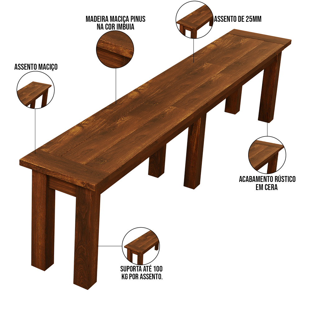Mesa De Jantar Com Cerâmica Rústica 02 Bancos De Madeira Maciça Pinus 160cm W02 Imbuia - Lyam Decor
