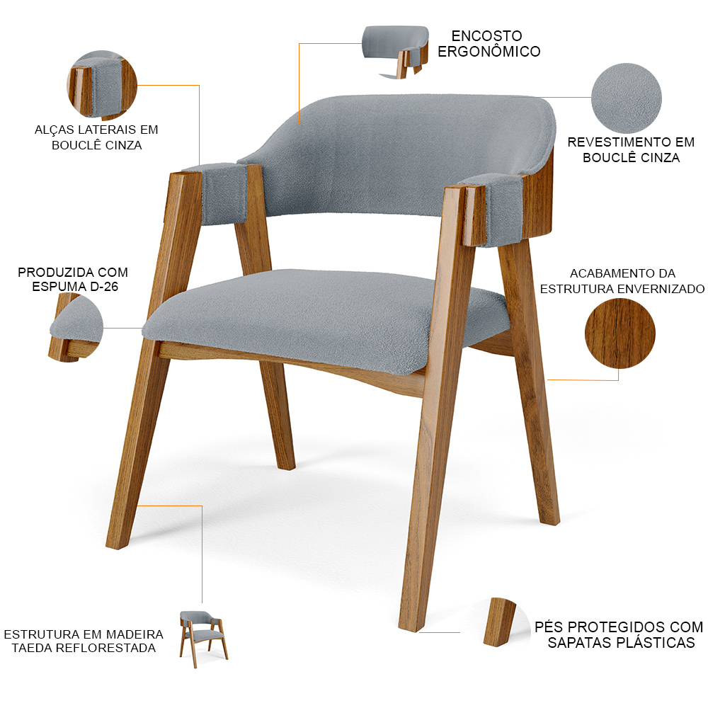 Mesa De Jantar Redonda Cora 120cm Off White M04 com 04 Cadeiras Living Suran Bouclê Cinza - Lyam