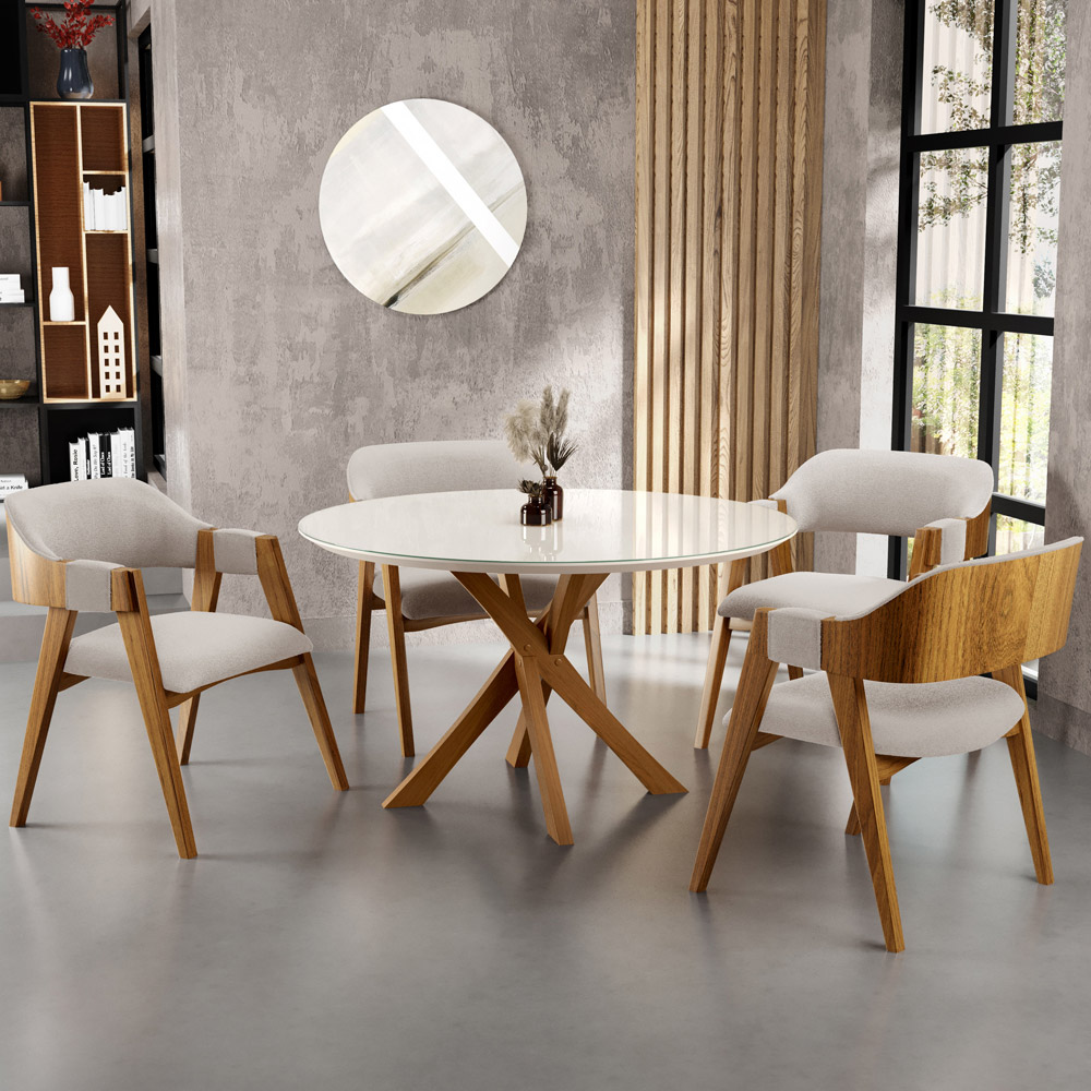 Mesa De Jantar Redonda Cora 120cm Off White M04 com 04 Cadeiras Living Suran Bouclê Creme - Lyam