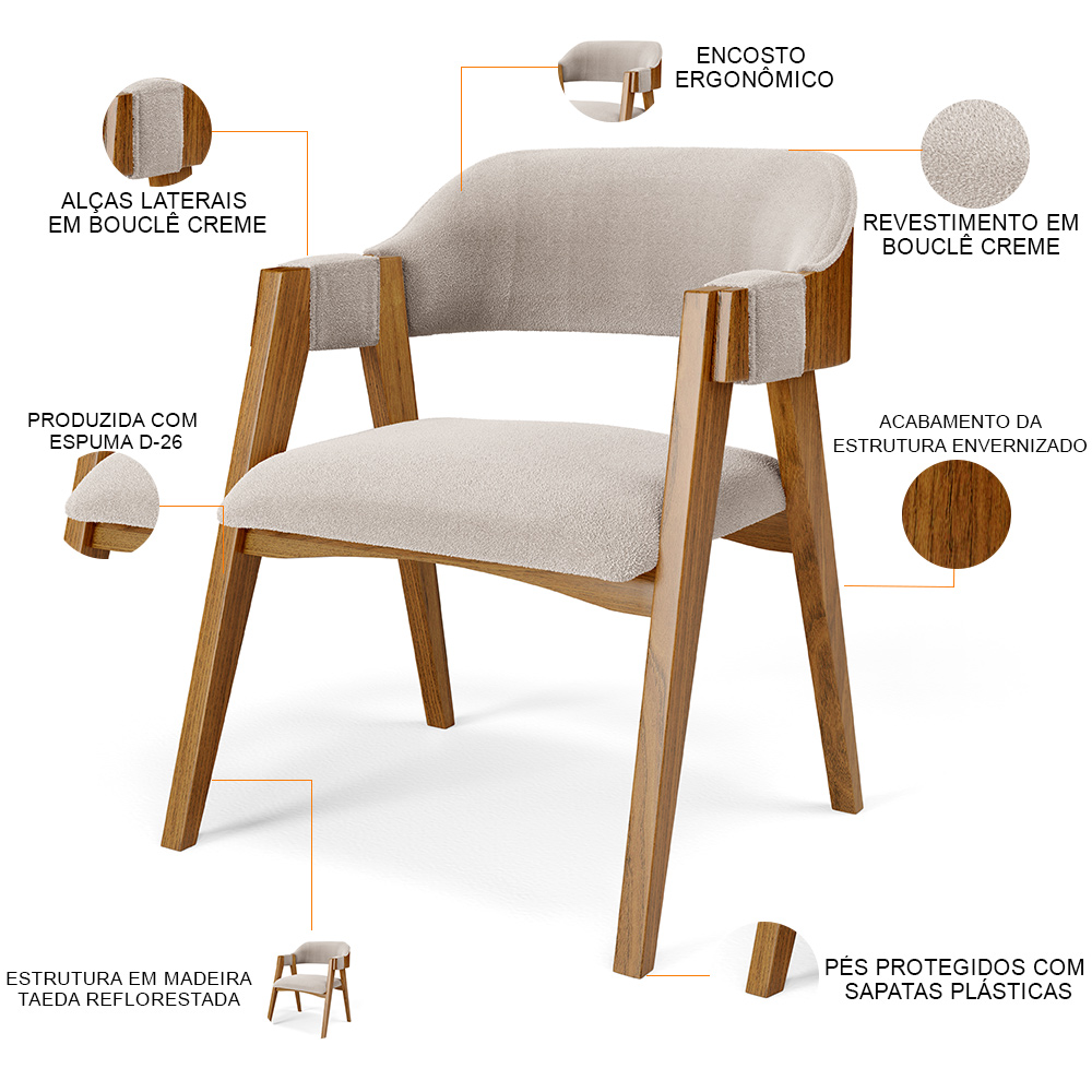 Mesa De Jantar Redonda Cora 120cm Off White M04 com 04 Cadeiras Living Suran Bouclê Creme - Lyam