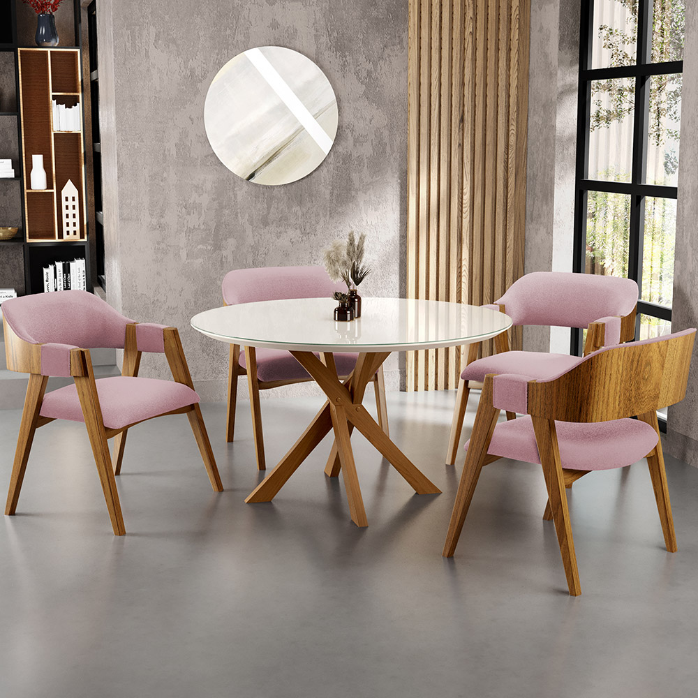 Mesa De Jantar Redonda Cora 120cm Off White M04 com 04 Cadeiras Living Suran Bouclê Rosê - Lyam