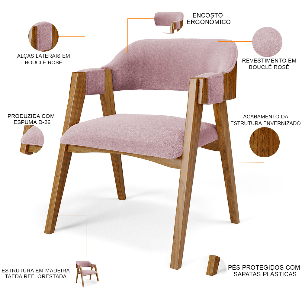 Mesa De Jantar Redonda Cora 120cm Off White M04 com 04 Cadeiras Living Suran Bouclê Rosê - Lyam