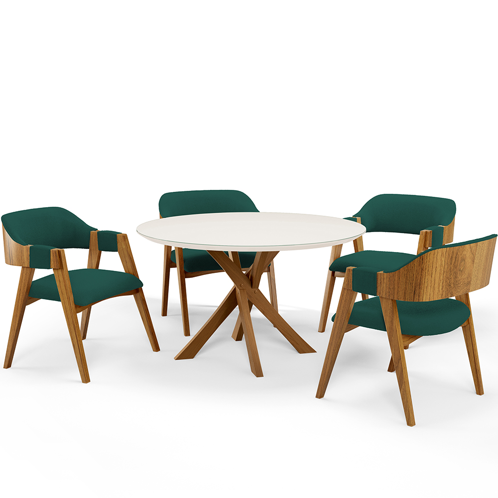 Mesa De Jantar Redonda Cora 120cm Off White M04 com 04 Cadeiras Living Suran Bouclê Verde - Lyam