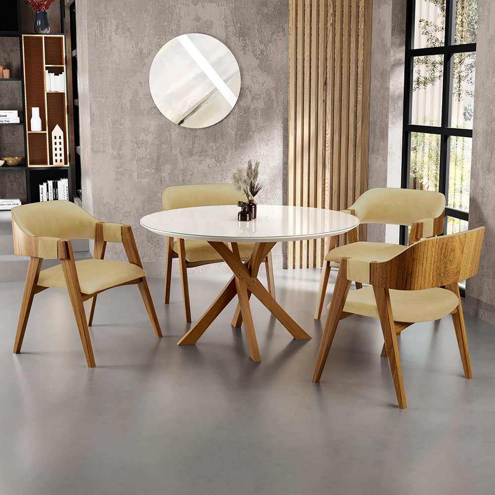Mesa De Jantar Redonda Cora 120cm Off White M04 com 04 Cadeiras Living Suran Couríssimo Fendi - Lyam
