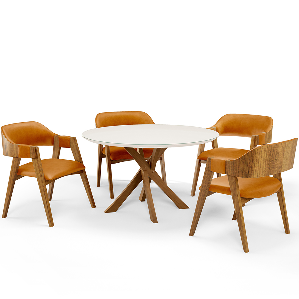 Mesa De Jantar Redonda Cora 120cm Off White M04 com 04 Cadeiras Living Suran Couríssimo Whisky - Lyam
