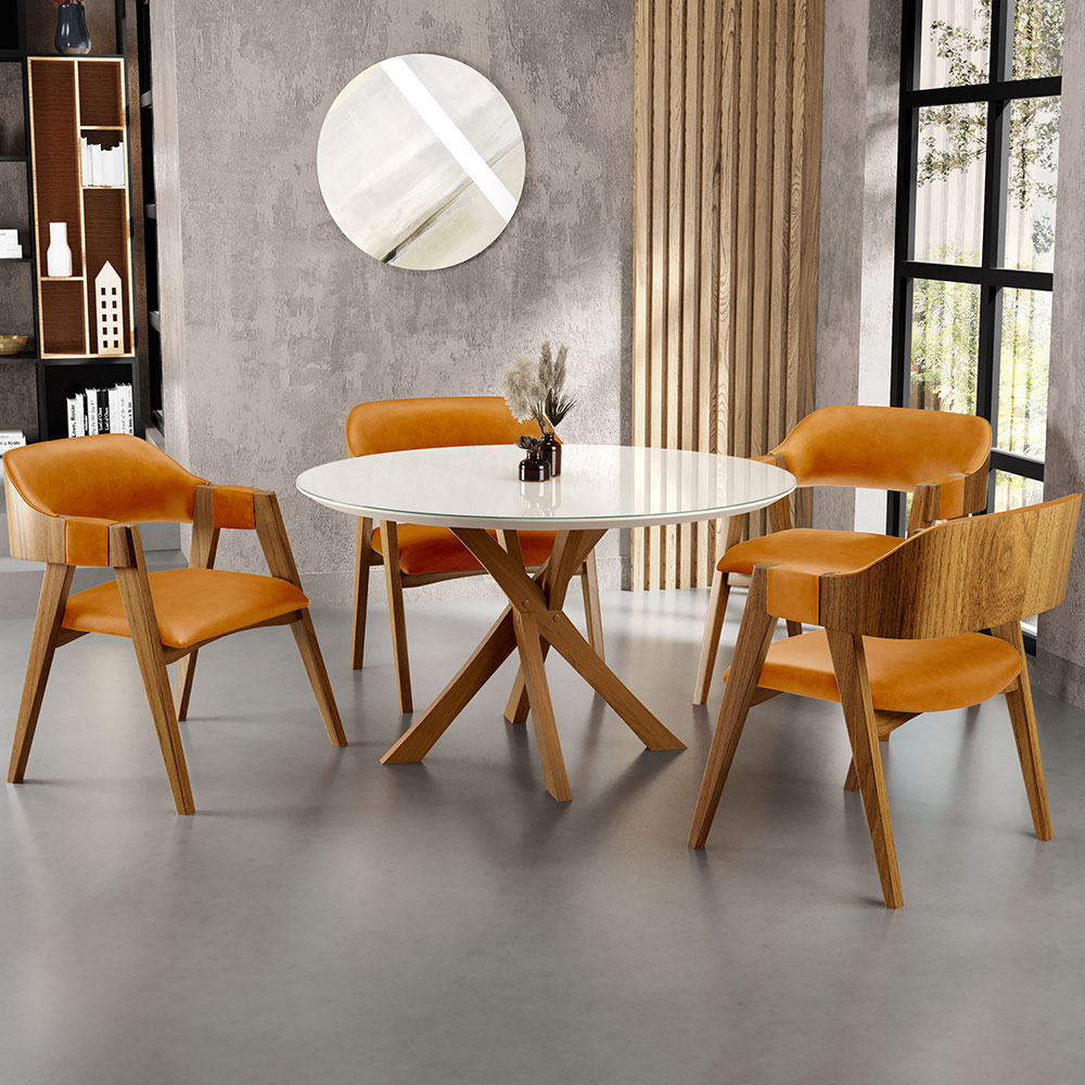 Mesa De Jantar Redonda Cora 120cm Off White M04 com 04 Cadeiras Living Suran Couríssimo Whisky - Lyam