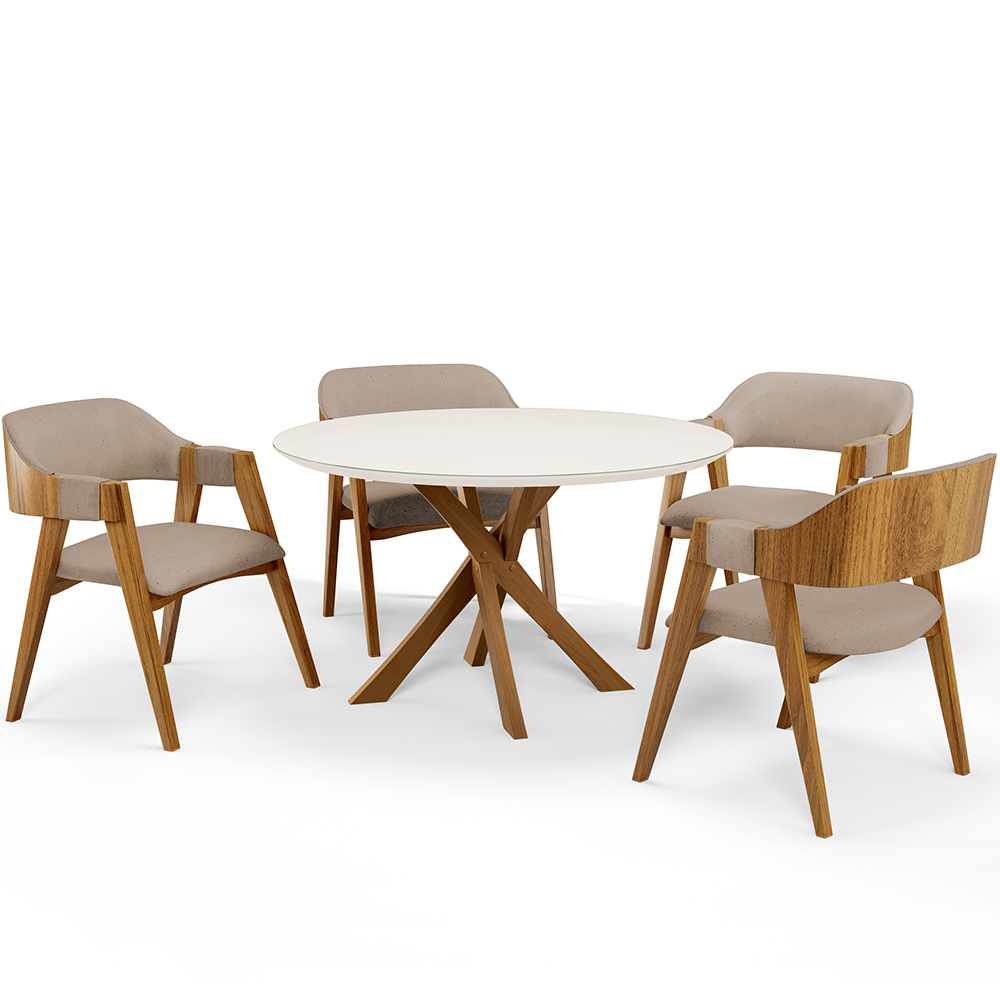 Mesa De Jantar Redonda Cora 120cm Off White M04 com 04 Cadeiras Living Suran Linho Bege Escuro - Lyam