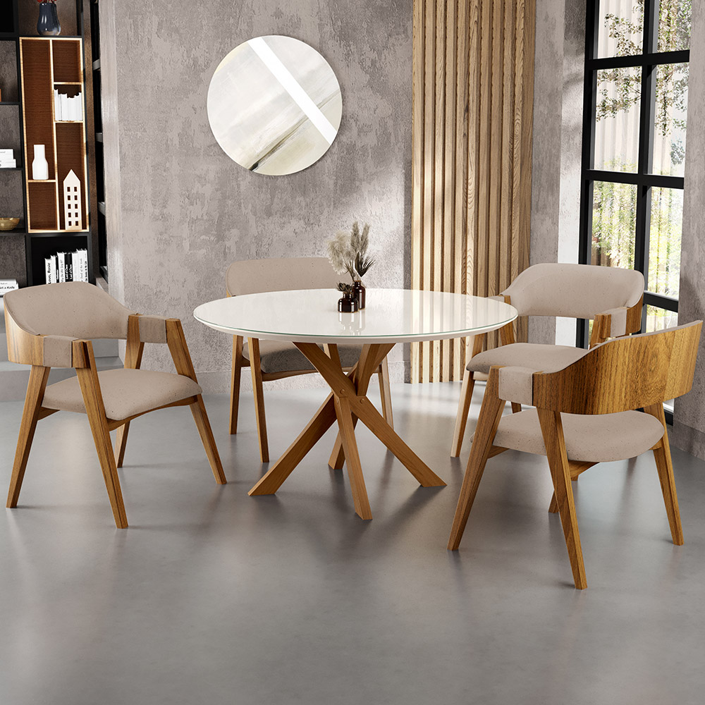 Mesa De Jantar Redonda Cora 120cm Off White M04 com 04 Cadeiras Living Suran Linho Bege Escuro - Lyam