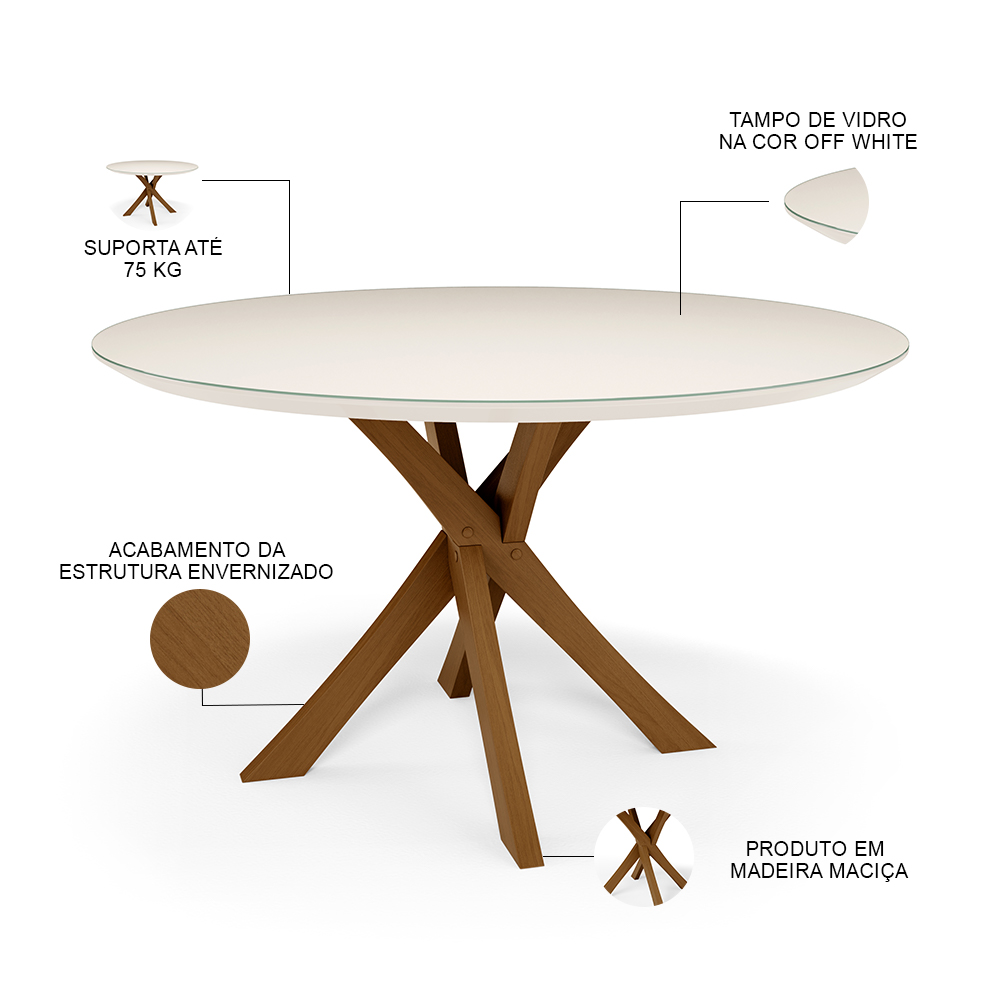 Mesa De Jantar Redonda Cora 120cm Off White M04 com 04 Cadeiras Living Suran Linho Bege Escuro - Lyam
