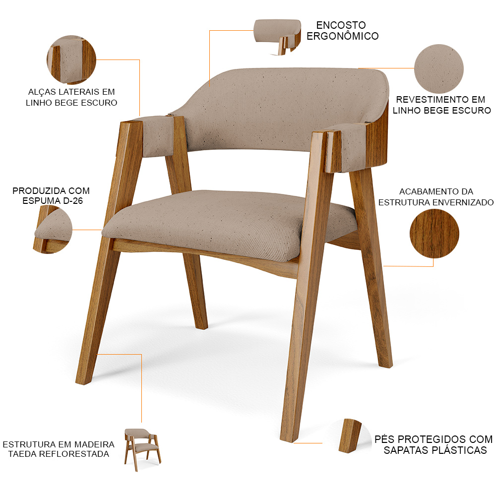 Mesa De Jantar Redonda Cora 120cm Off White M04 com 04 Cadeiras Living Suran Linho Bege Escuro - Lyam