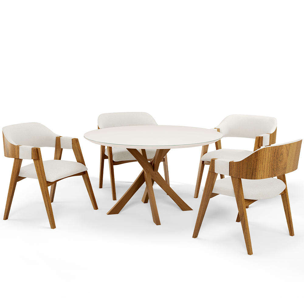Mesa De Jantar Redonda Cora 120cm Off White M04 com 04 Cadeiras Living Suran Linho Champagne - Lyam