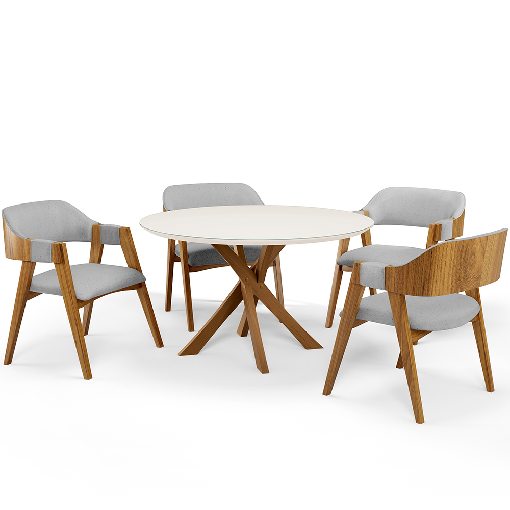 Mesa De Jantar Redonda Cora 120cm Off White M04 com 04 Cadeiras Living Suran Linho Cinza - Lyam