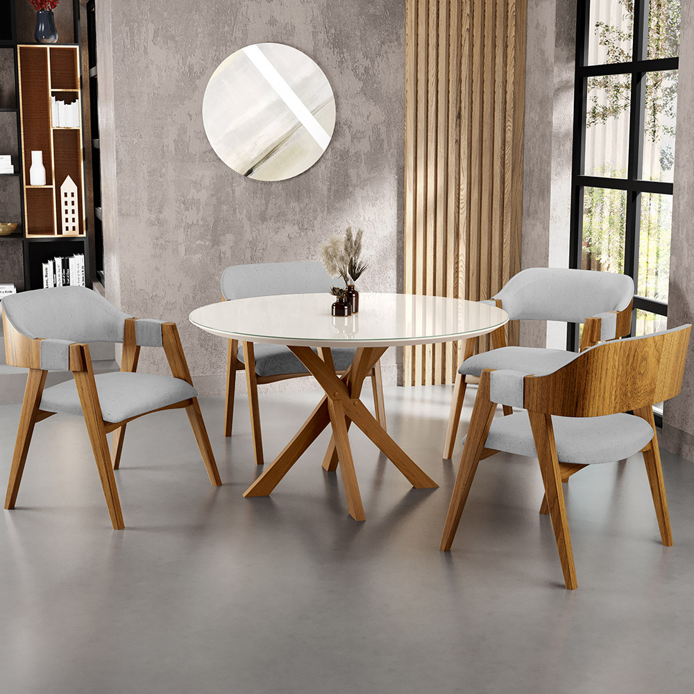 Mesa De Jantar Redonda Cora 120cm Off White M04 com 04 Cadeiras Living Suran Linho Cinza - Lyam