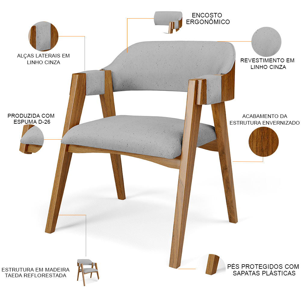 Mesa De Jantar Redonda Cora 120cm Off White M04 com 04 Cadeiras Living Suran Linho Cinza - Lyam