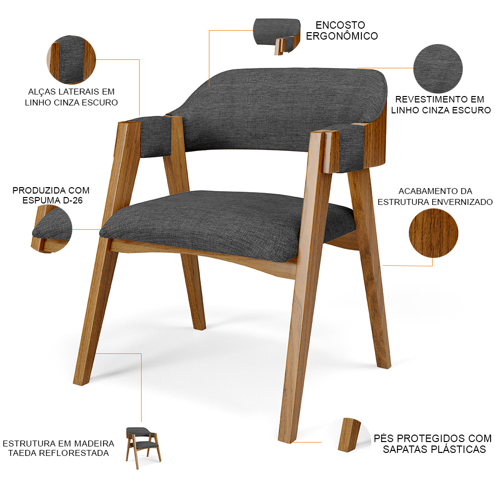Mesa De Jantar Redonda Cora 120cm Off White M04 com 04 Cadeiras Living Suran Linho Cinza Escuro - Lyam
