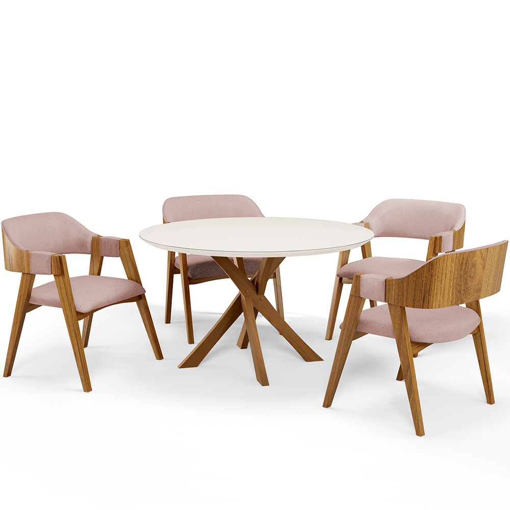 Mesa De Jantar Redonda Cora 120cm Off White M04 com 04 Cadeiras Living Suran Linho Rosê - Lyam