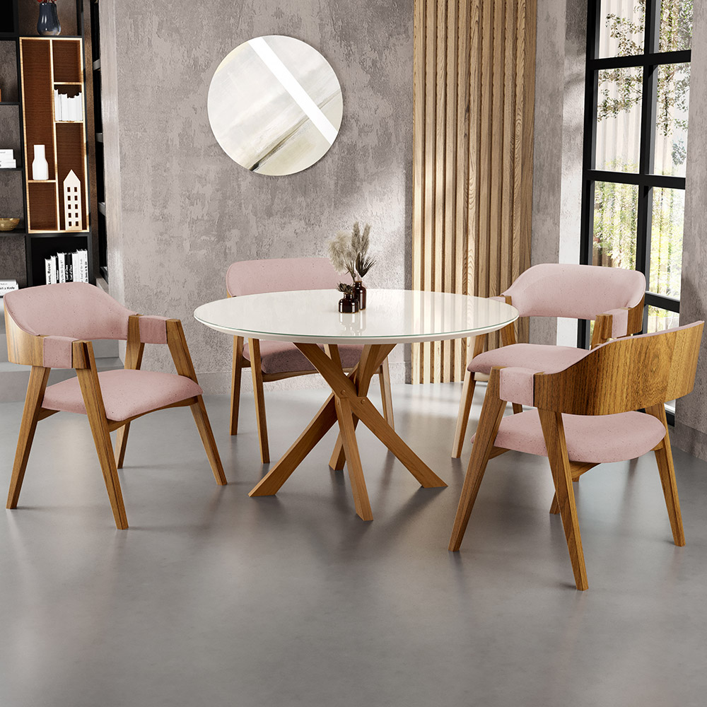Mesa De Jantar Redonda Cora 120cm Off White M04 com 04 Cadeiras Living Suran Linho Rosê - Lyam