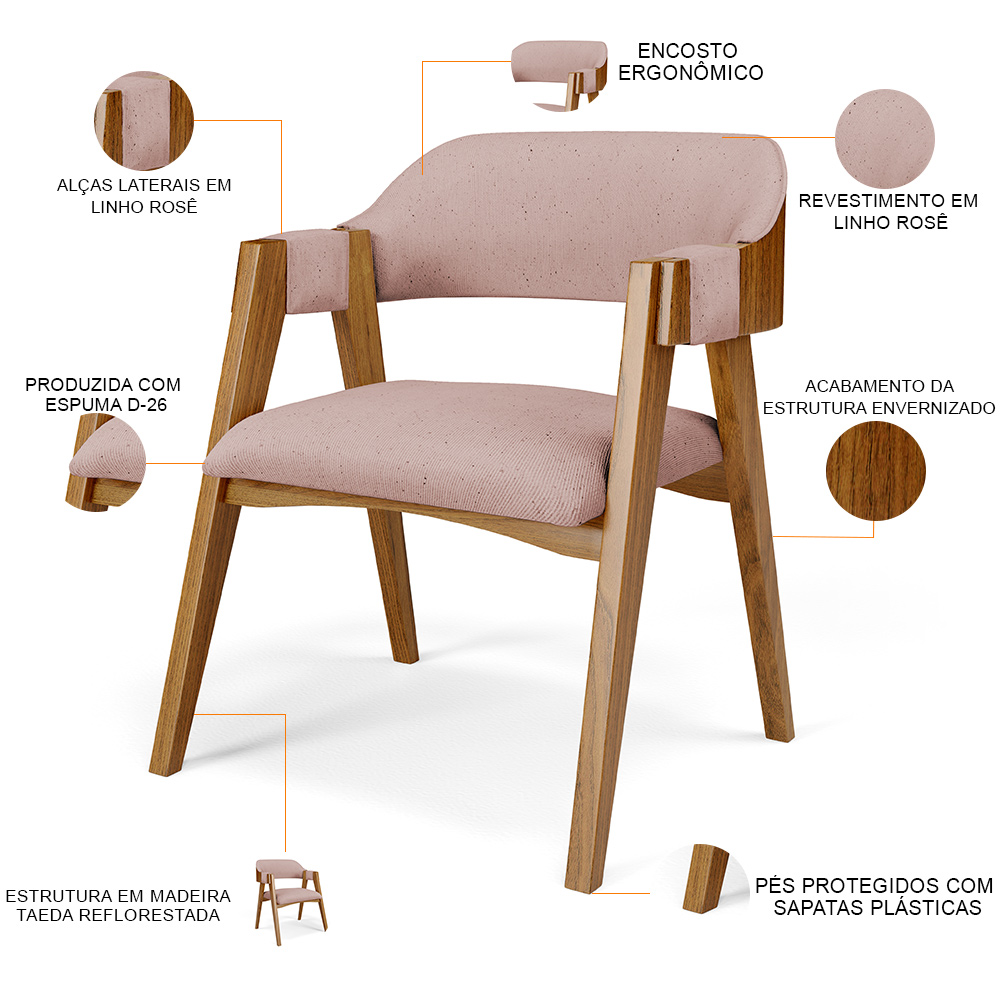 Mesa De Jantar Redonda Cora 120cm Off White M04 com 04 Cadeiras Living Suran Linho Rosê - Lyam