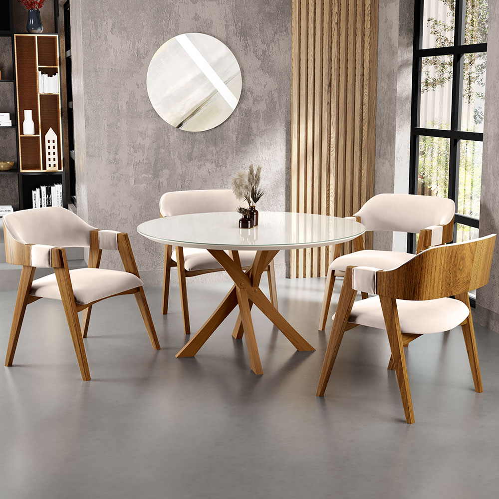 Mesa De Jantar Redonda Cora 120cm Off White M04 com 04 Cadeiras Living Suran Suede Bege - Lyam