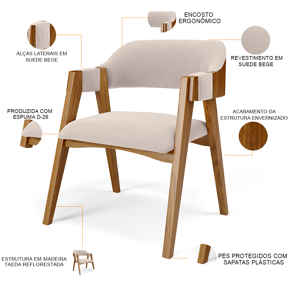 Mesa De Jantar Redonda Cora 120cm Off White M04 com 04 Cadeiras Living Suran Suede Bege - Lyam
