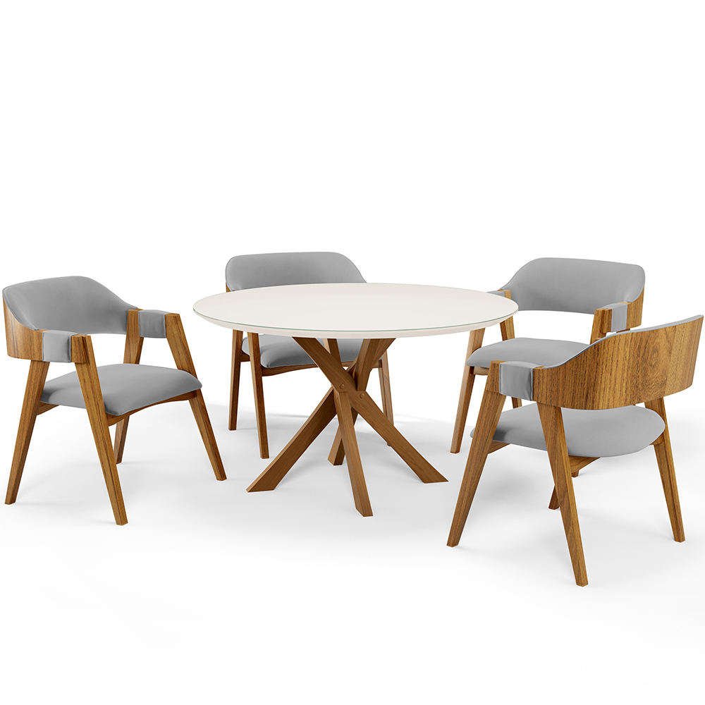 Mesa De Jantar Redonda Cora 120cm Off White M04 com 04 Cadeiras Living Suran Suede Cinza - Lyam