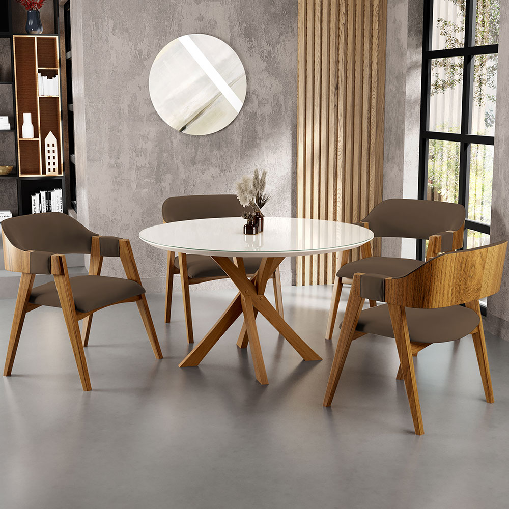 Mesa De Jantar Redonda Cora 120cm Off White M04 com 04 Cadeiras Living Suran Suede Marrom - Lyam