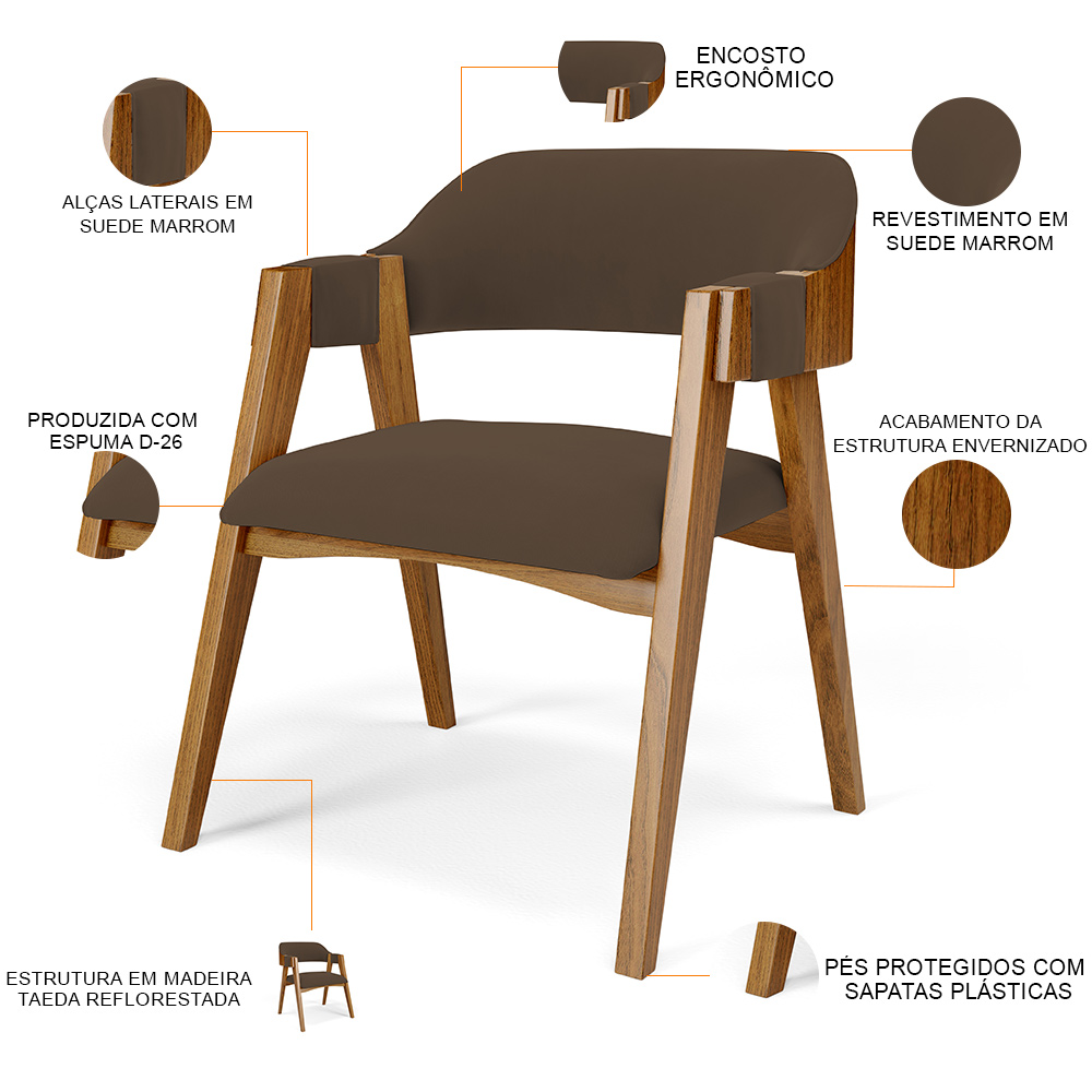 Mesa De Jantar Redonda Cora 120cm Off White M04 com 04 Cadeiras Living Suran Suede Marrom - Lyam