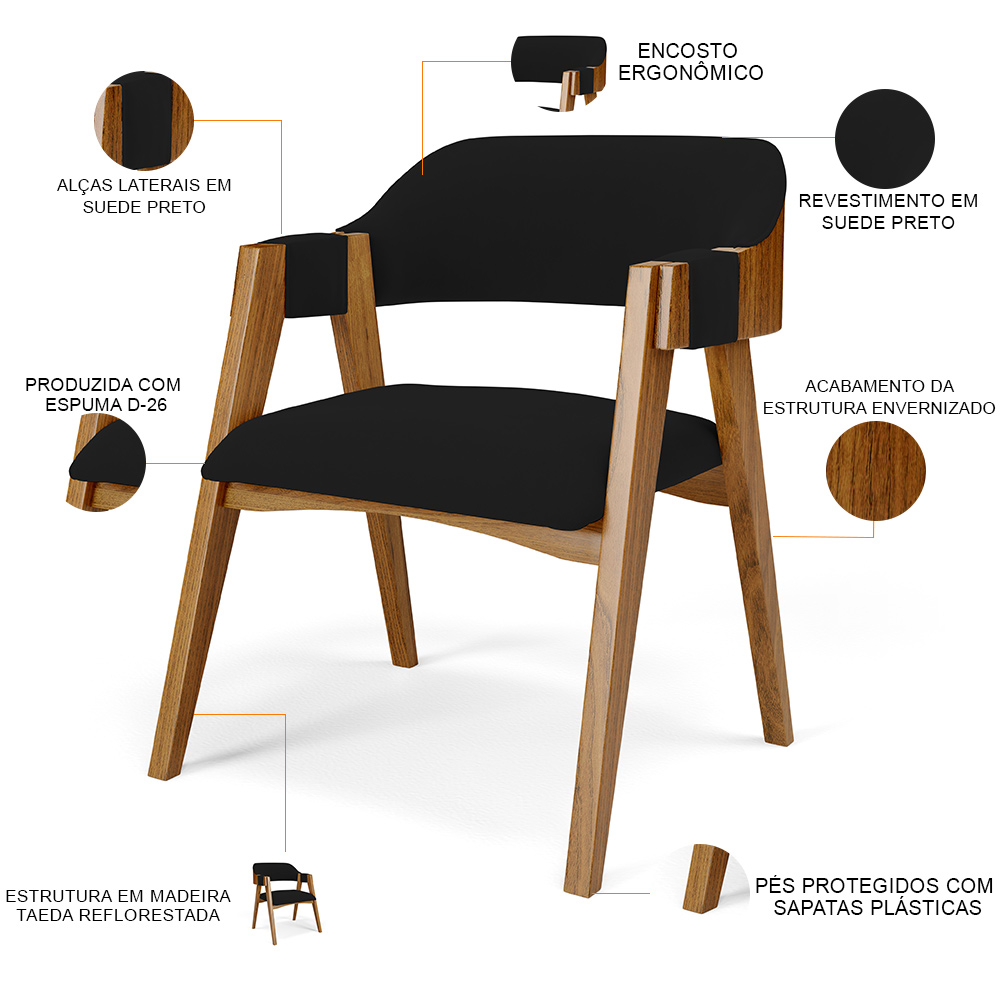 Mesa De Jantar Redonda Cora 120cm Off White M04 com 04 Cadeiras Living Suran Suede Preto - Lyam
