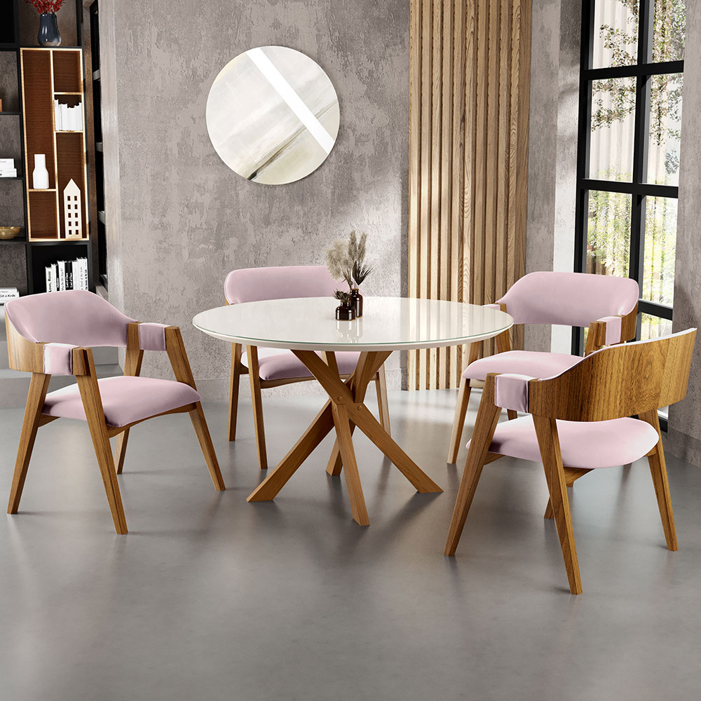 Mesa De Jantar Redonda Cora 120cm Off White M04 com 04 Cadeiras Living Suran Suede Rosê - Lyam